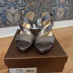 Audrey Brooke Pewter Heeled Sandals, Size 10